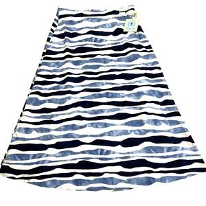 CeCe Women's Large Midi Skirt Blue White‎ Abstract Stripe Lined A-Line Cotton
